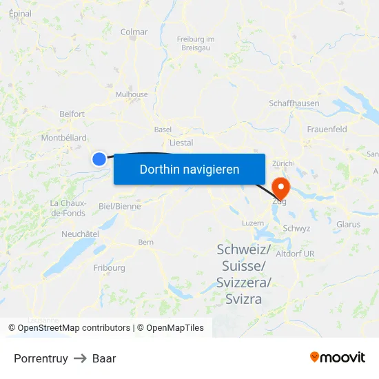 Porrentruy to Baar map