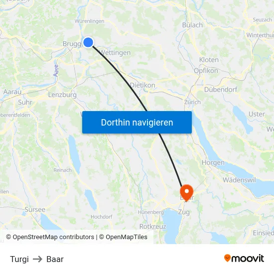 Turgi to Baar map