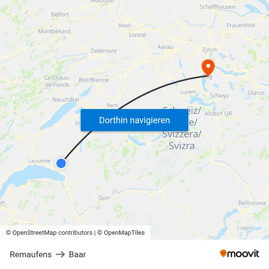 Remaufens to Baar map