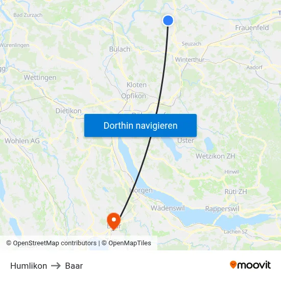 Humlikon to Baar map