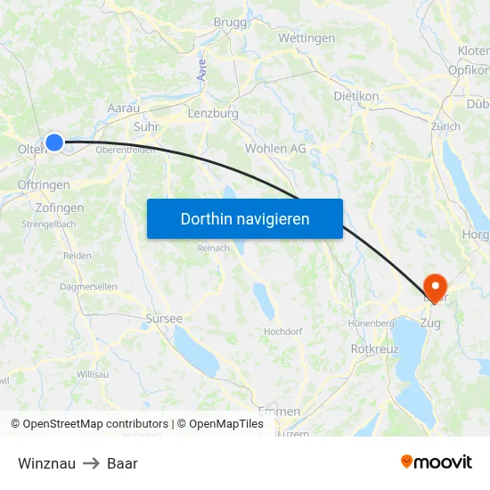 Winznau to Baar map