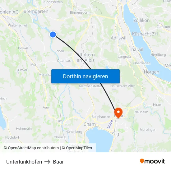 Unterlunkhofen to Baar map