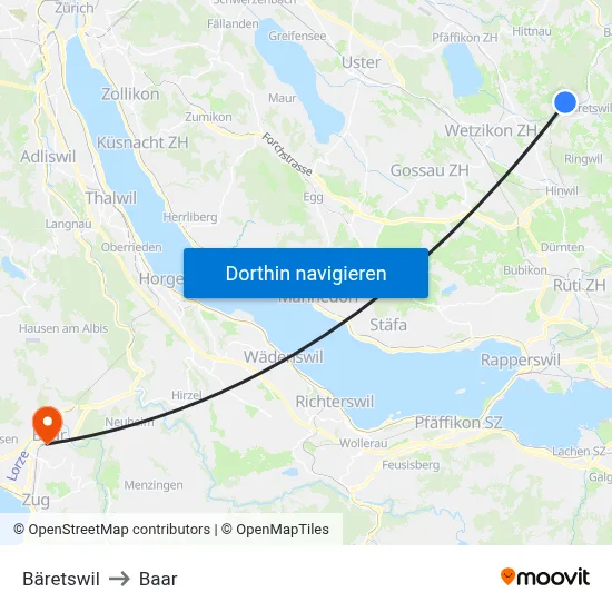Bäretswil to Baar map