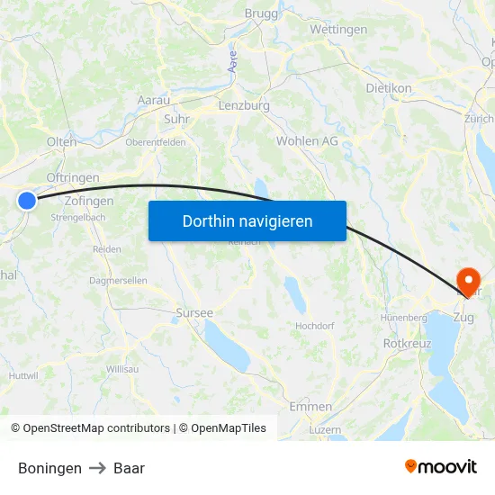 Boningen to Baar map