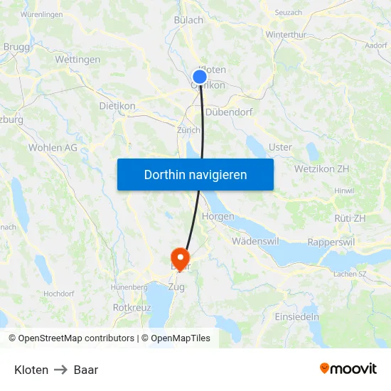 Kloten to Baar map