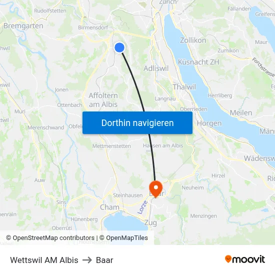 Wettswil AM Albis to Baar map