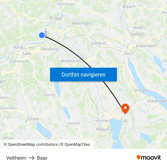 Veltheim to Baar map