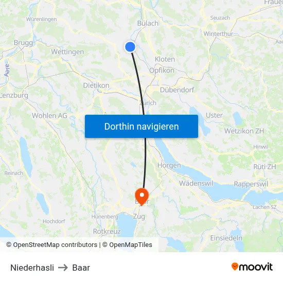 Niederhasli to Baar map