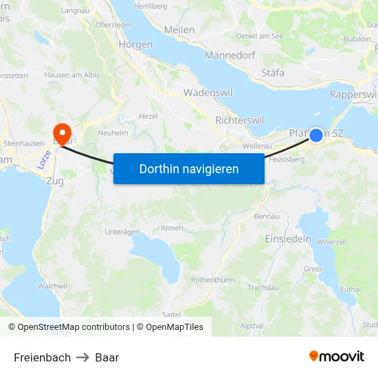 Freienbach to Baar map