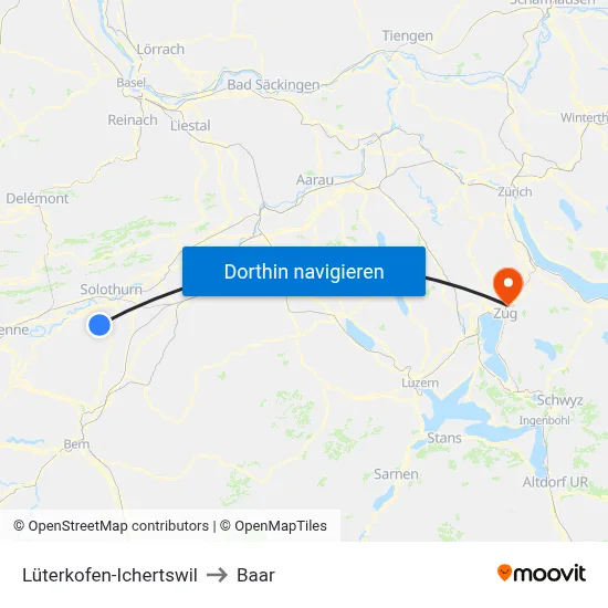 Lüterkofen-Ichertswil to Baar map