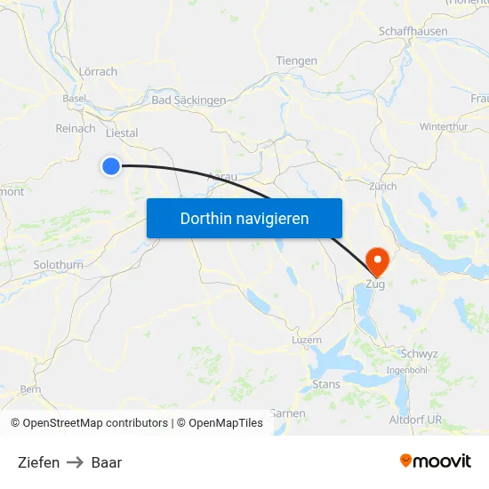 Ziefen to Baar map