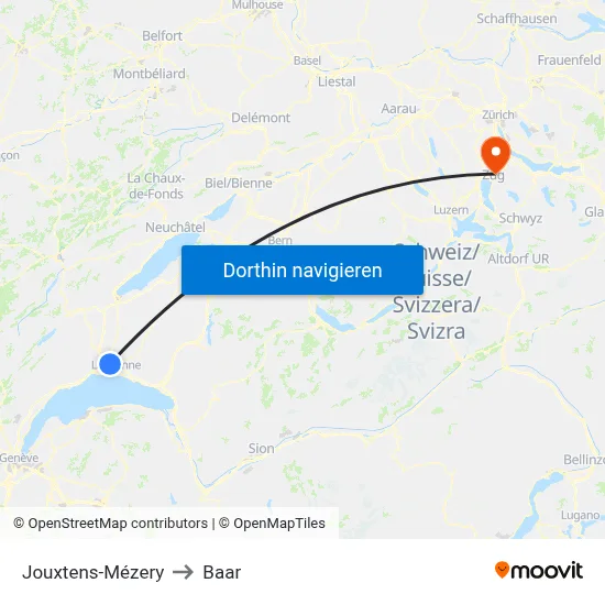 Jouxtens-Mézery to Baar map
