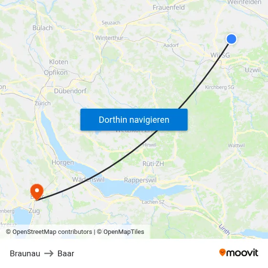 Braunau to Baar map