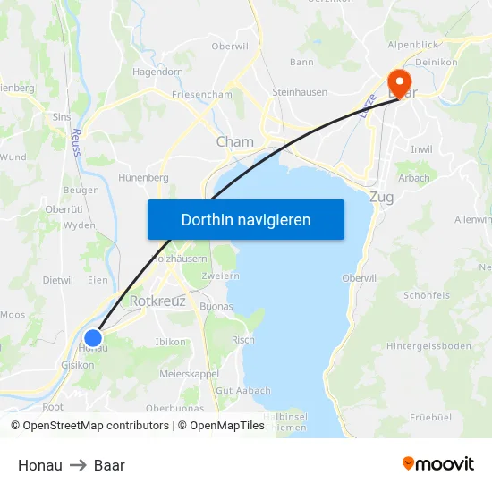 Honau to Baar map