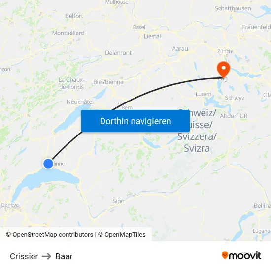 Crissier to Baar map