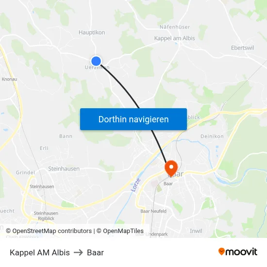 Kappel AM Albis to Baar map