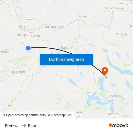 Bretzwil to Baar map