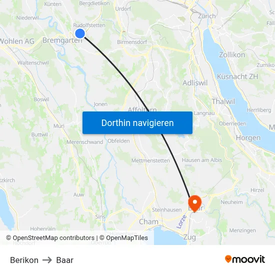 Berikon to Baar map
