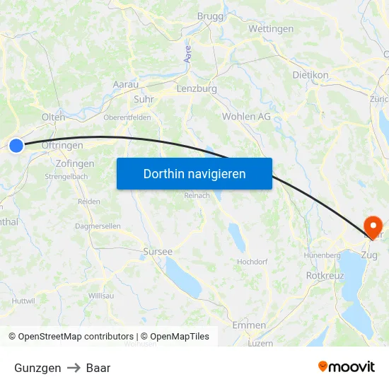 Gunzgen to Baar map