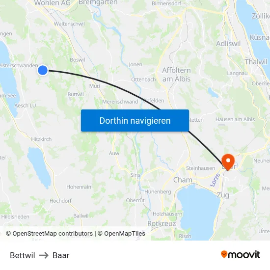 Bettwil to Baar map