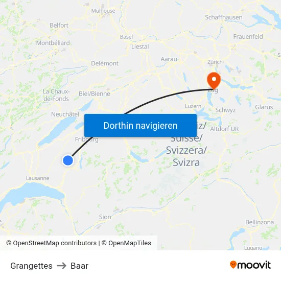 Grangettes to Baar map