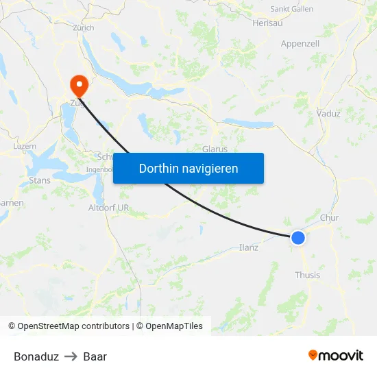 Bonaduz to Baar map