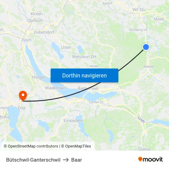 Bütschwil-Ganterschwil to Baar map
