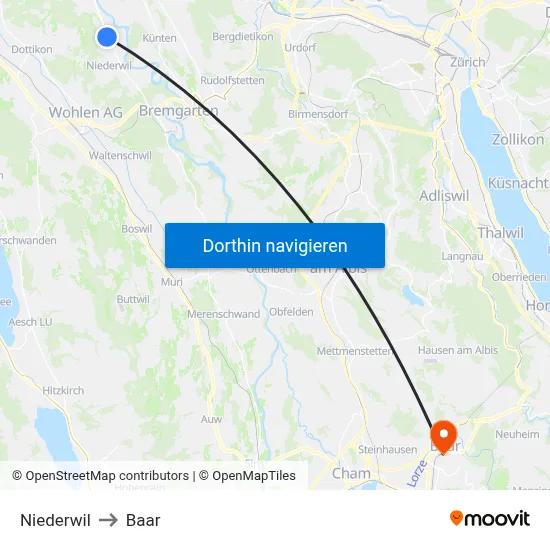 Niederwil to Baar map