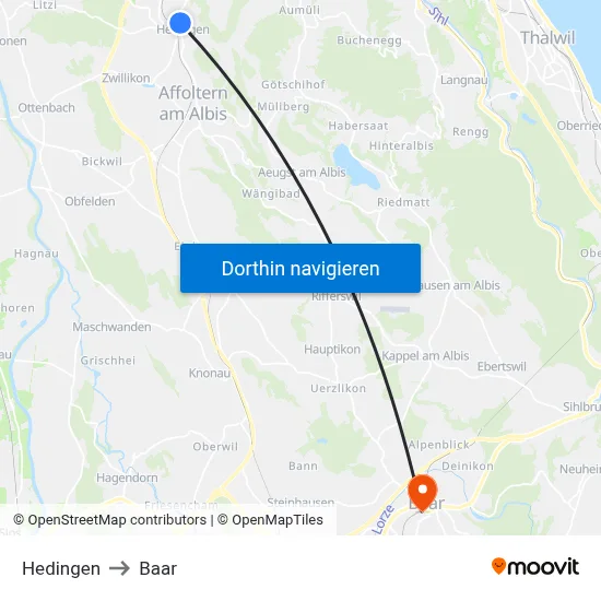 Hedingen to Baar map