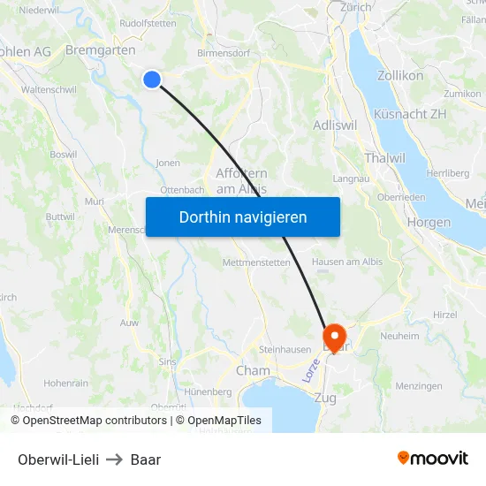 Oberwil-Lieli to Baar map