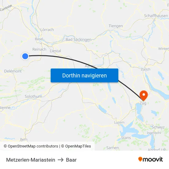 Metzerlen-Mariastein to Baar map