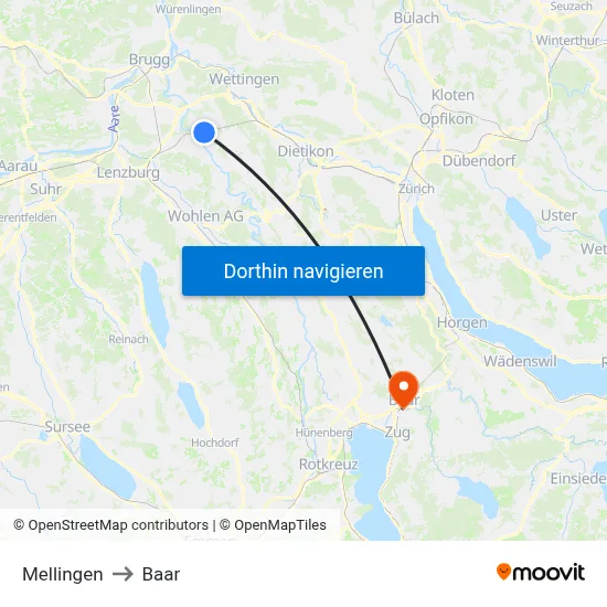 Mellingen to Baar map