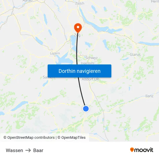 Wassen to Baar map