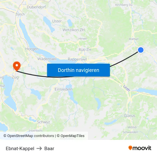 Ebnat-Kappel to Baar map