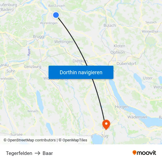 Tegerfelden to Baar map