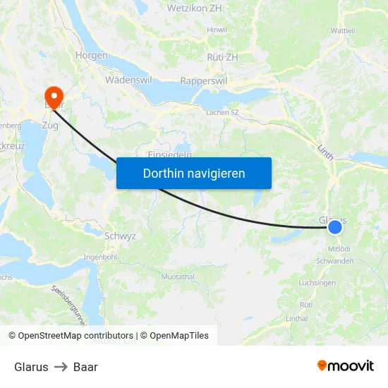 Glarus to Baar map