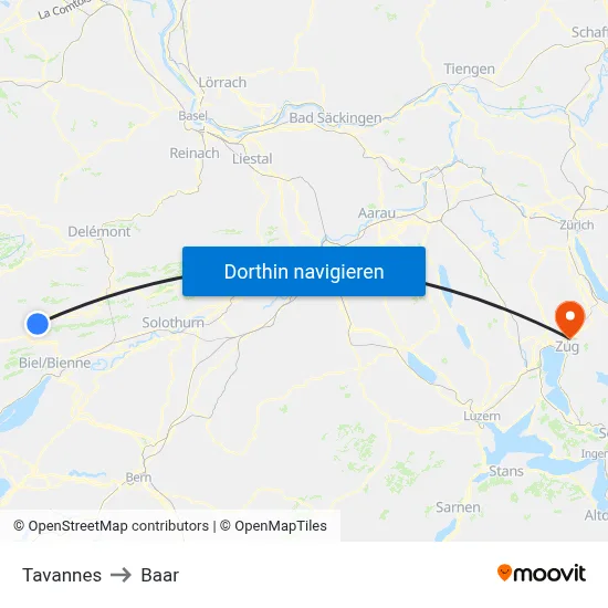 Tavannes to Baar map