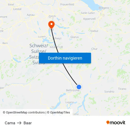 Cama to Baar map