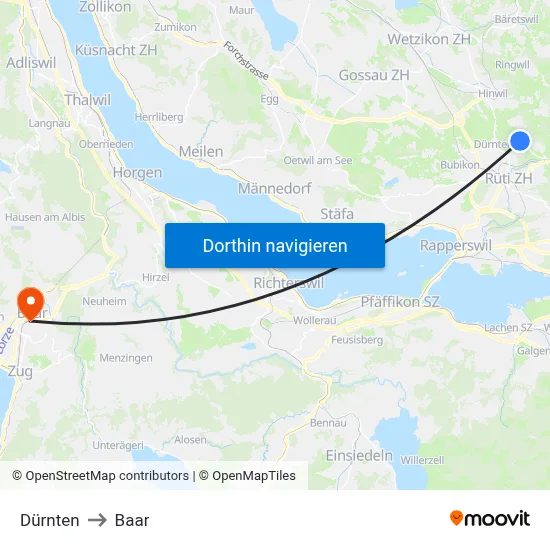 Dürnten to Baar map