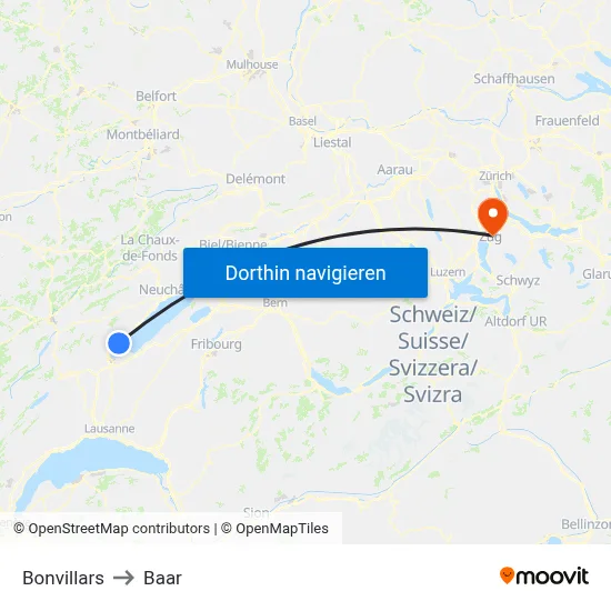 Bonvillars to Baar map