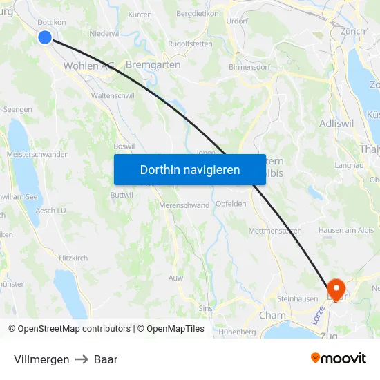 Villmergen to Baar map