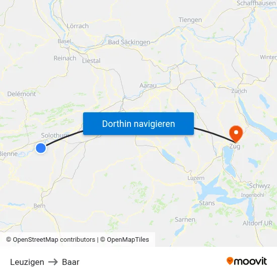 Leuzigen to Baar map