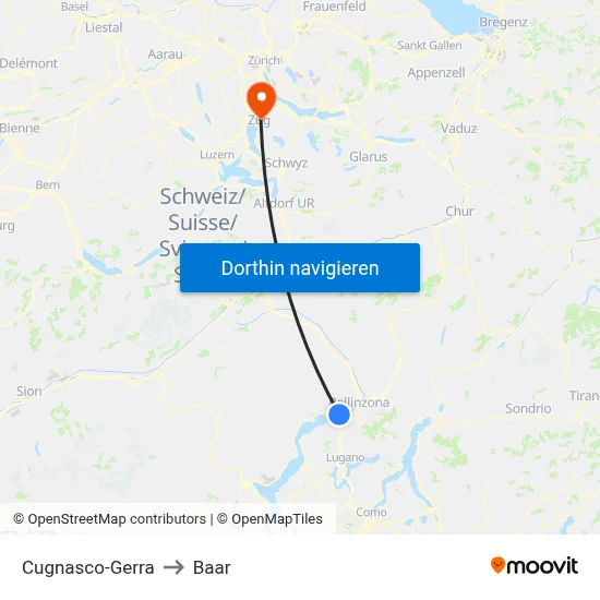 Cugnasco-Gerra to Baar map