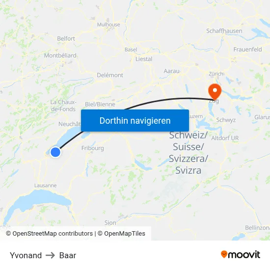 Yvonand to Baar map