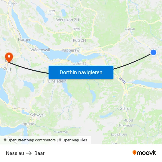 Nesslau to Baar map
