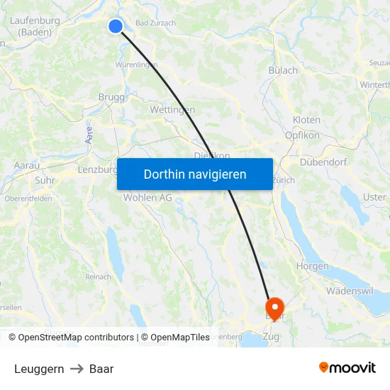 Leuggern to Baar map