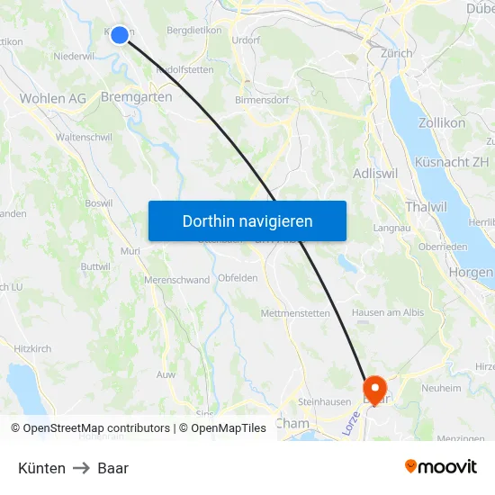 Künten to Baar map
