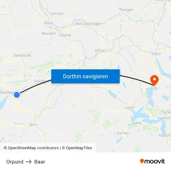 Orpund to Baar map