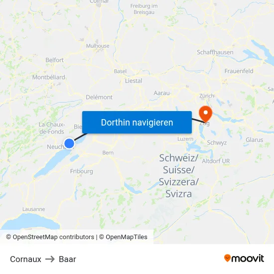 Cornaux to Baar map