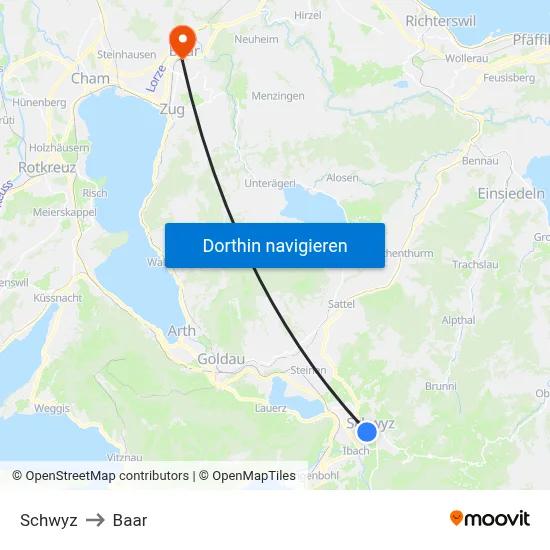 Schwyz to Baar map